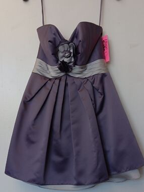 Andrew Adela Purple Flower-Accent Satin Party Dress. Sample